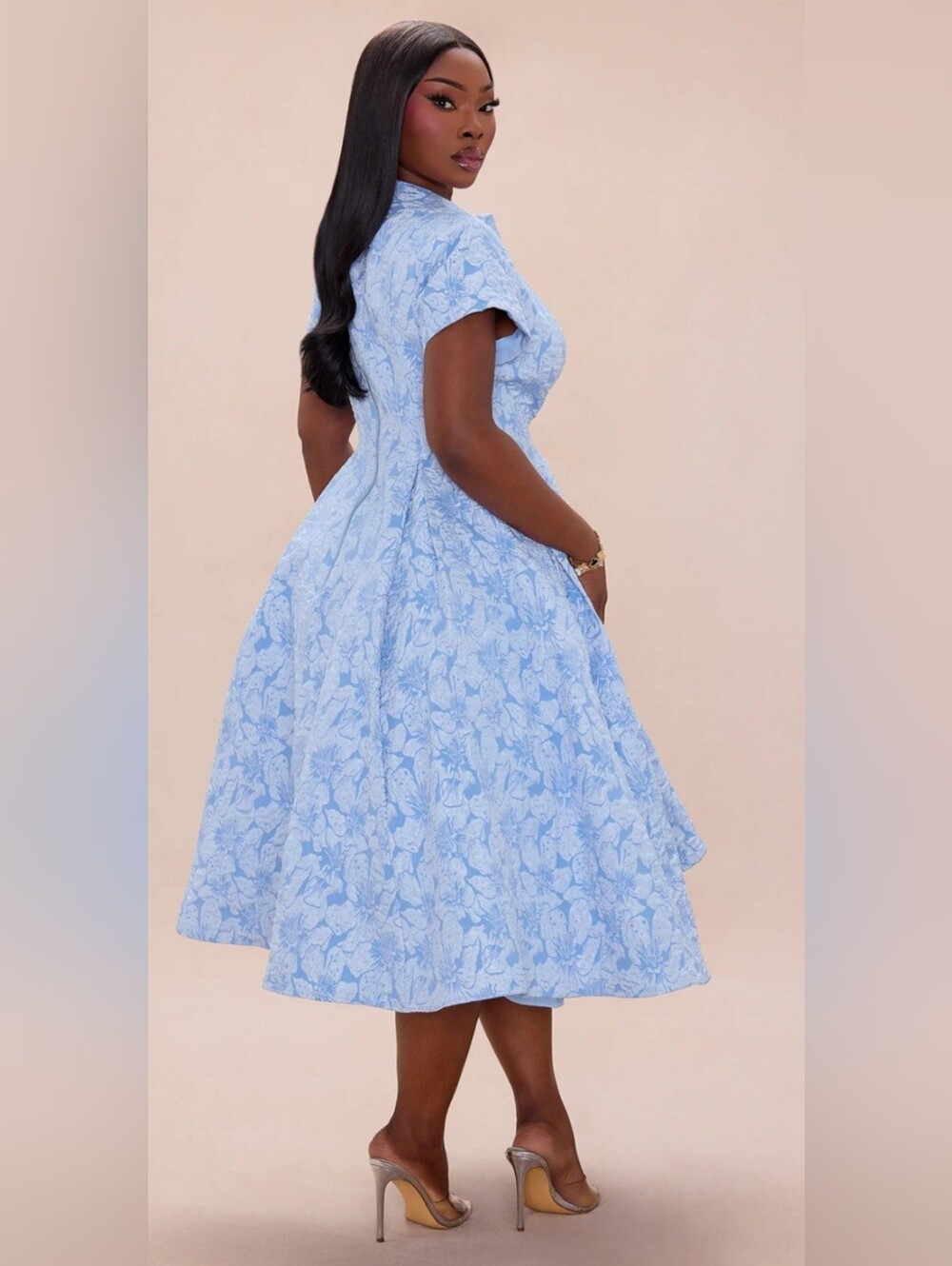 Light Blue Floral Fit-and-Flare Midi Dress